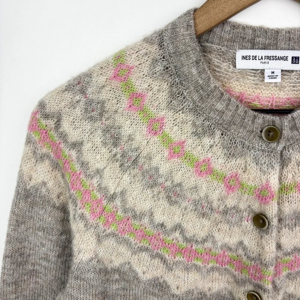 Uniqlo Ines De La Fressange Fair Isle Wool Blend Cardigan Sweater Grey Pink